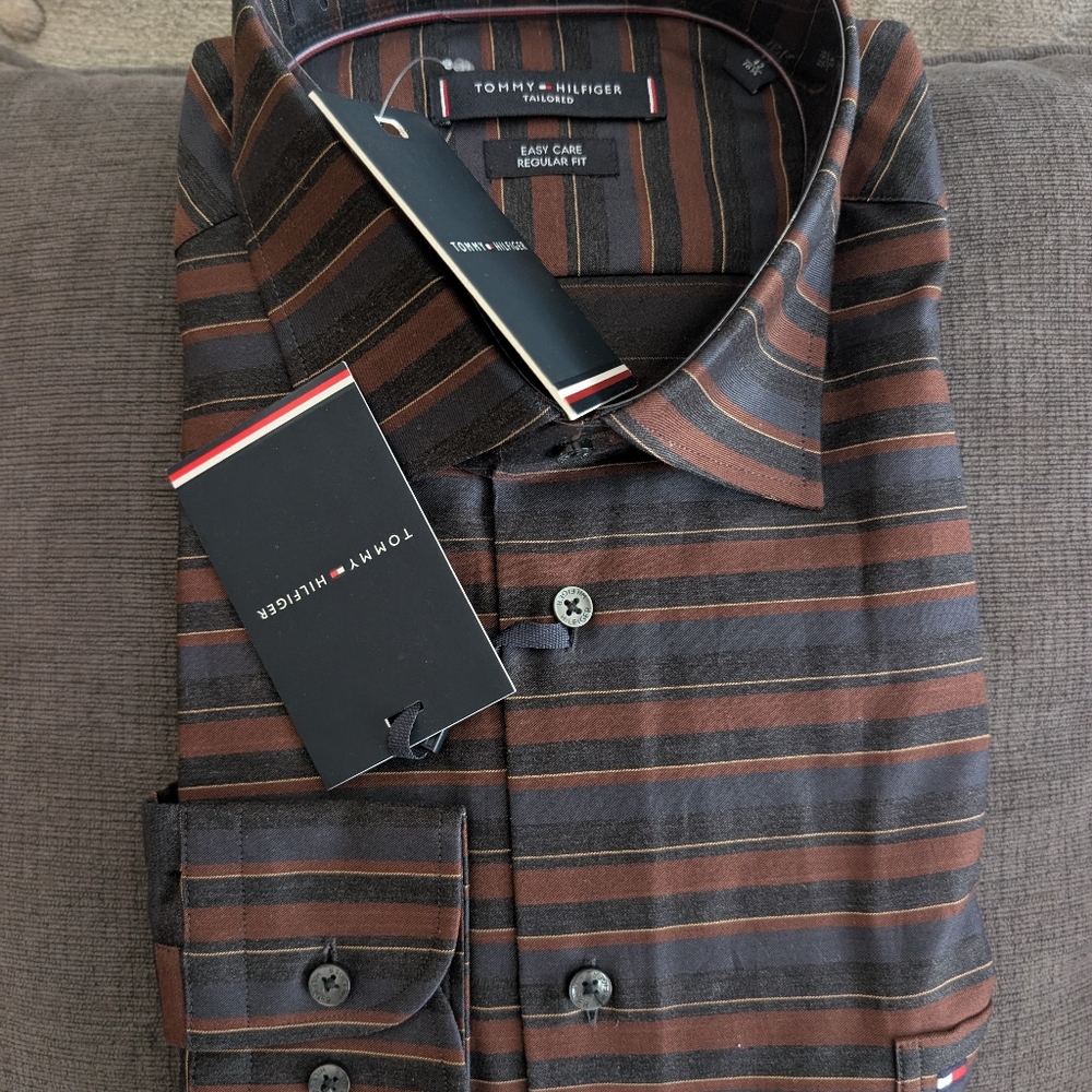 Tommy Hilfiger Men's Black and Brown Striped Shirt